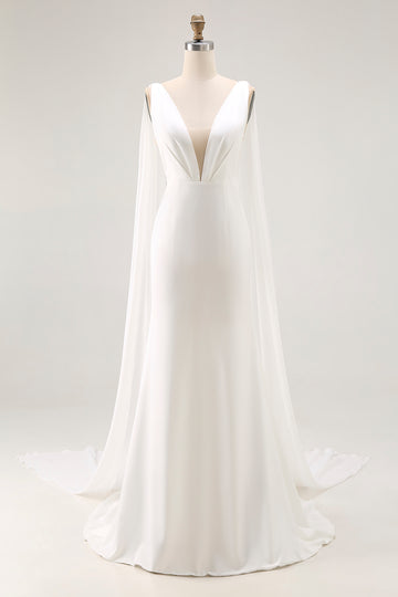 Ivory V Neck Satin Long Wedding Dress with Streamer